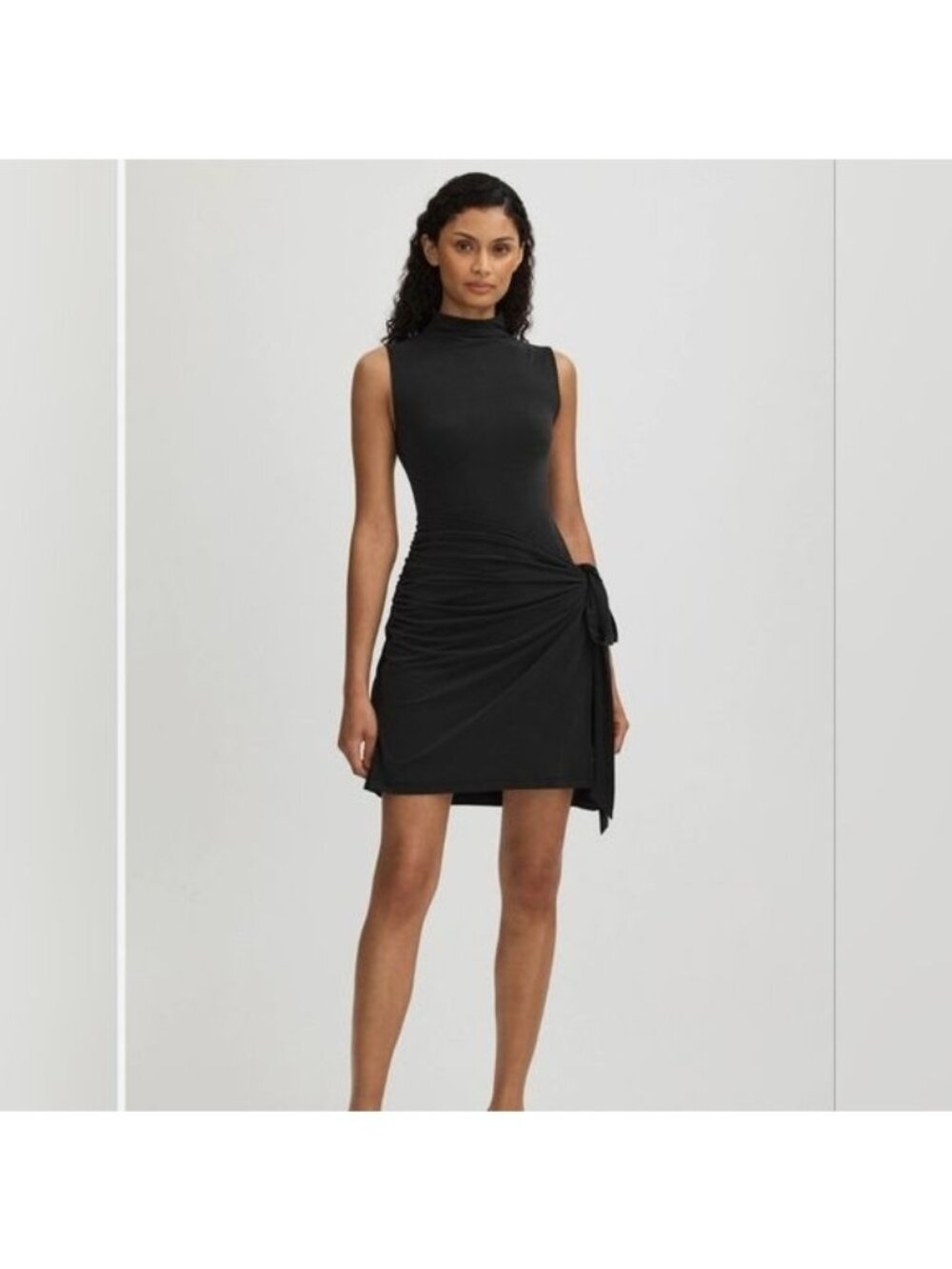 Good American Black Wrap Mini Dress Women's XS Mock Neck Sleeveless Ruched Tie